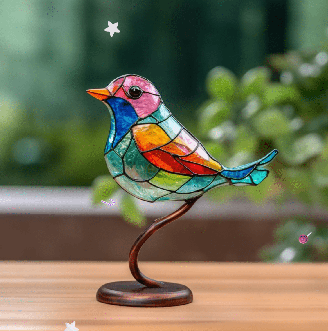 Colorful tinted glass bird ornament with a unique design, featuring vibrant colors and a sturdy metal base, perfect for cozy home decoration. 0